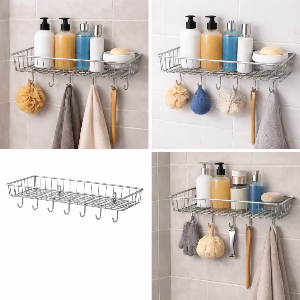 ركنة حمام ستانلس مزود ب 6 هوك شماعات (تثبيت بالمسامير)